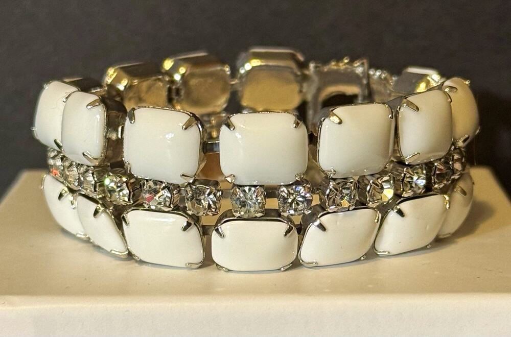 Vintage 1950s Signed BY GALE White Milk Glass Rhinestone Bracelet Mid Century